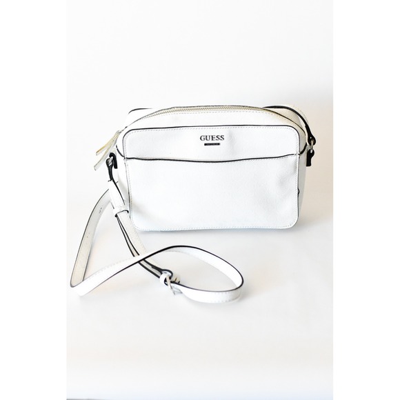Guess Handbags - GUESS White Embossed Logo Crossbody Camera Bag Silver Tone Hardware White